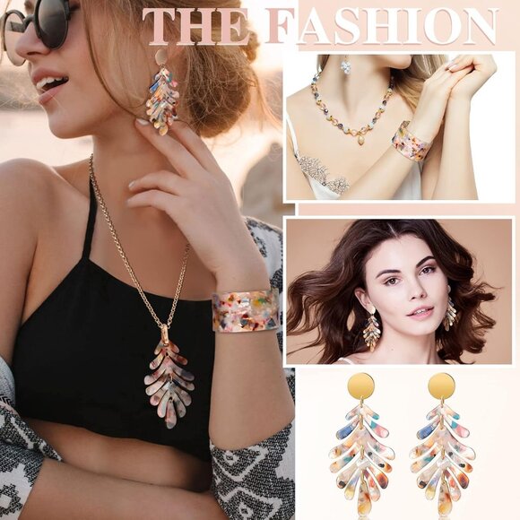 4 Pcs Acrylic Jewelry Set for Women Statement Boho Resin Earrings Long Necklace - Picture 6 of 6